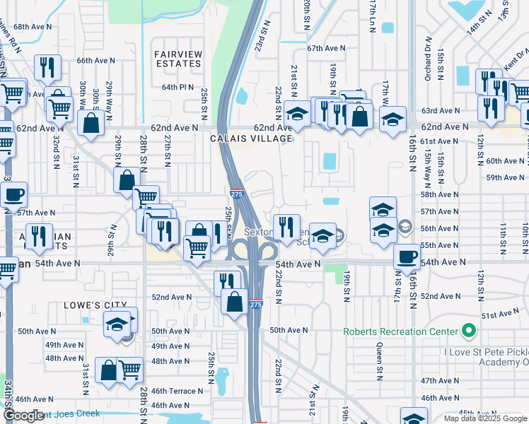 map of restaurants, bars, coffee shops, grocery stores, and more near 5800 Calais Lane in St. Petersburg