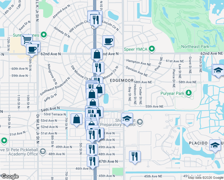 map of restaurants, bars, coffee shops, grocery stores, and more near 563 2nd Way North in St. Petersburg