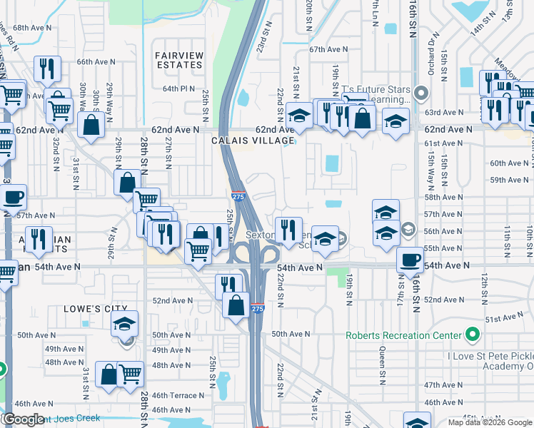 map of restaurants, bars, coffee shops, grocery stores, and more near 5733 Calais Lane in St. Petersburg