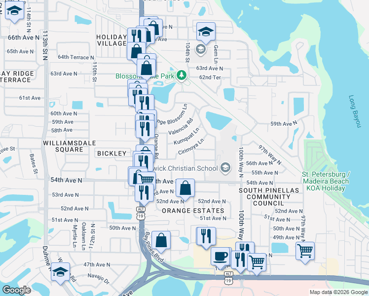 map of restaurants, bars, coffee shops, grocery stores, and more near 10458 Pineapple Road in Seminole