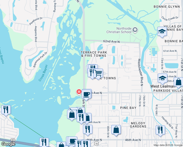 map of restaurants, bars, coffee shops, grocery stores, and more near 8229 Eagles Park Drive North in St. Petersburg