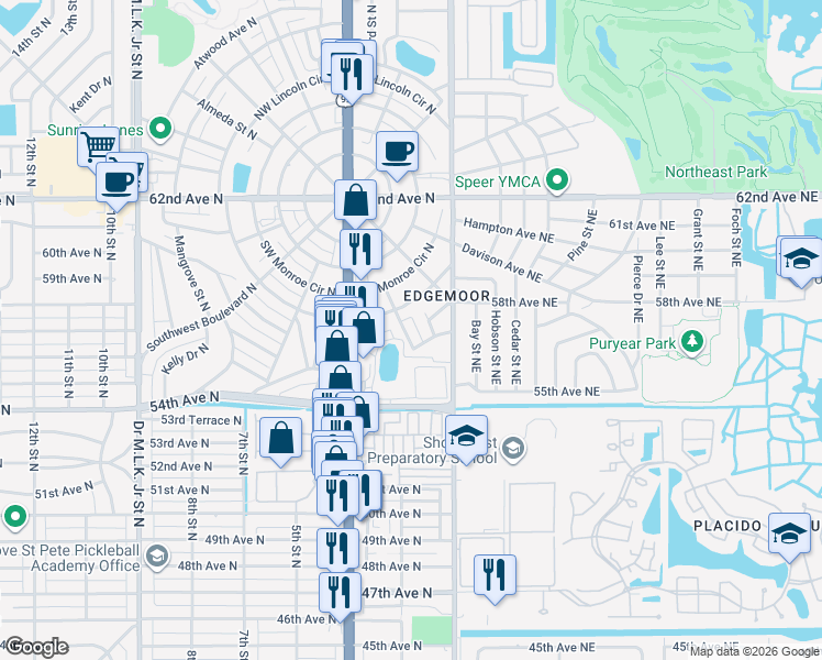 map of restaurants, bars, coffee shops, grocery stores, and more near 563 2nd Way North in St. Petersburg