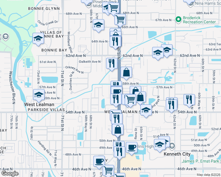 map of restaurants, bars, coffee shops, grocery stores, and more near 5650 66th Way North in St. Petersburg