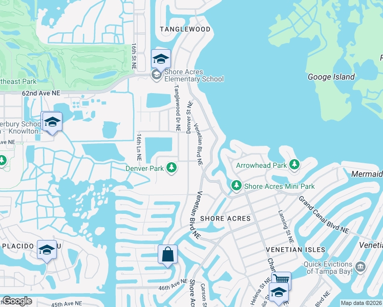 map of restaurants, bars, coffee shops, grocery stores, and more near 5619 Denver Street Northeast in St. Petersburg