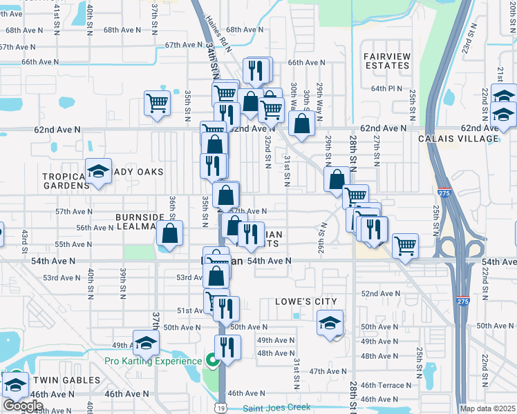 map of restaurants, bars, coffee shops, grocery stores, and more near 3142 57th Avenue North in St. Petersburg