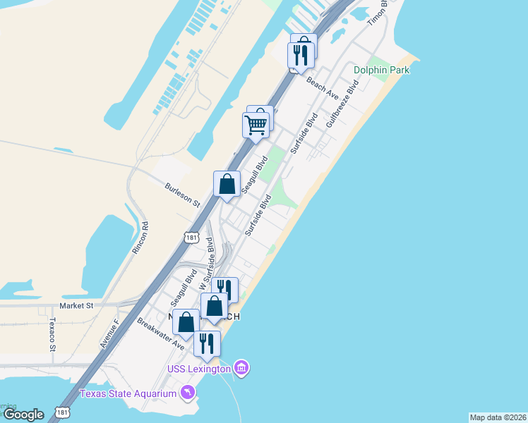 map of restaurants, bars, coffee shops, grocery stores, and more near 233 Bushick Place in Corpus Christi