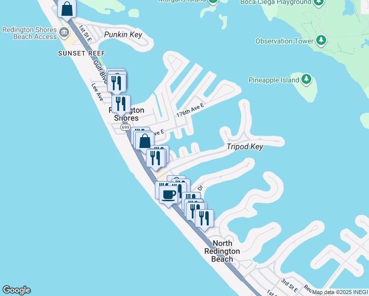 map of restaurants, bars, coffee shops, grocery stores, and more near 17411 1st Street East in Redington Shores