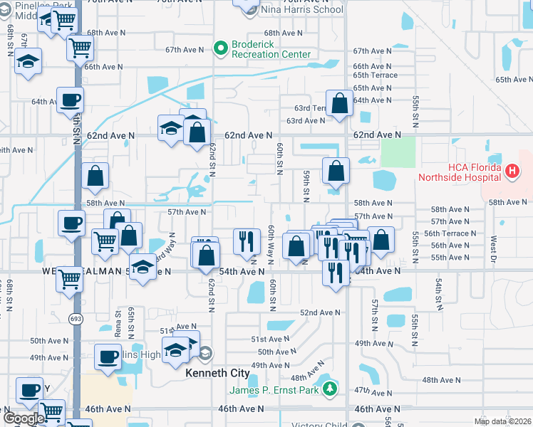map of restaurants, bars, coffee shops, grocery stores, and more near 5748 60th Way North in St. Petersburg