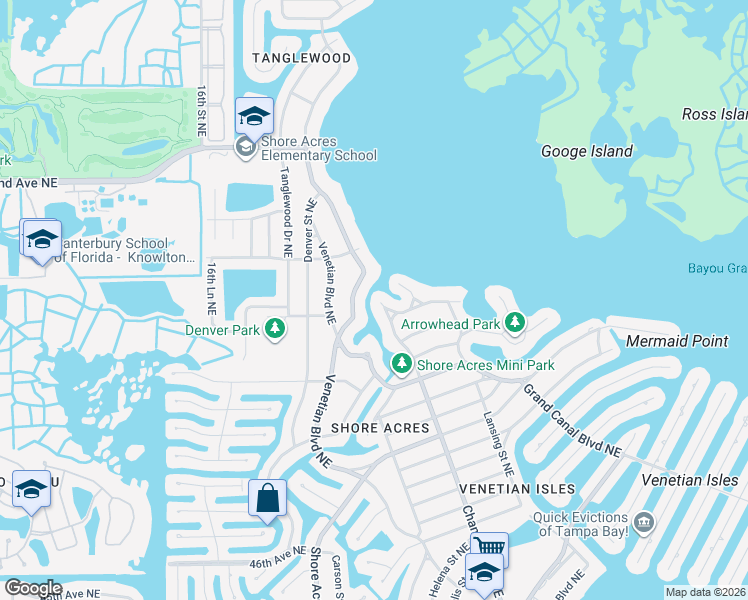 map of restaurants, bars, coffee shops, grocery stores, and more near 1725 Bayou Grande Boulevard Northeast in St. Petersburg