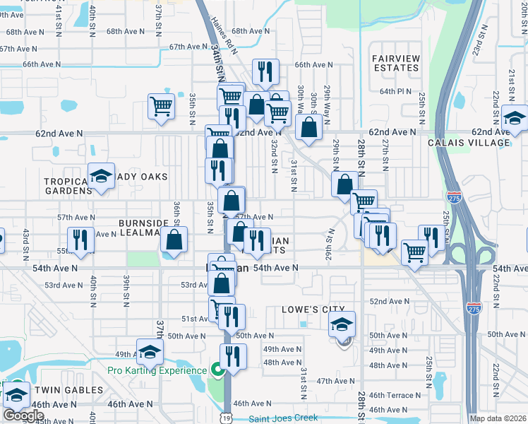 map of restaurants, bars, coffee shops, grocery stores, and more near 3142 57th Avenue North in St. Petersburg