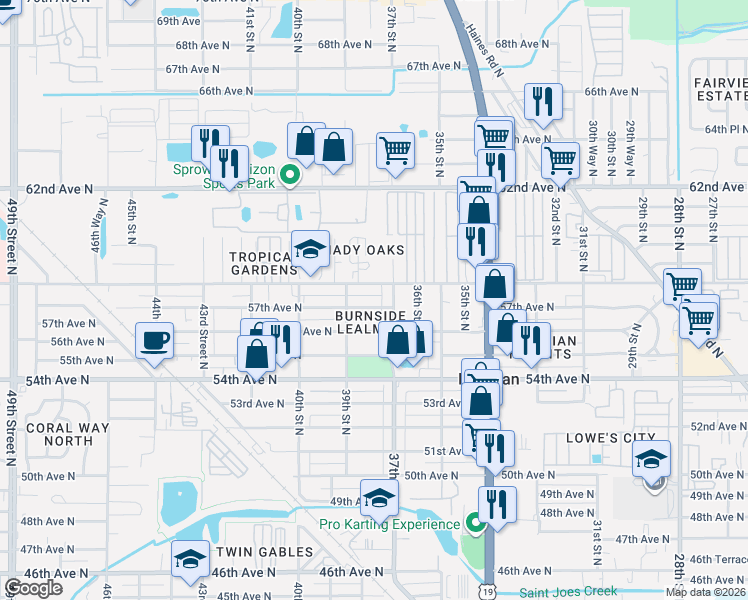 map of restaurants, bars, coffee shops, grocery stores, and more near 3752 57th Avenue North in St. Petersburg