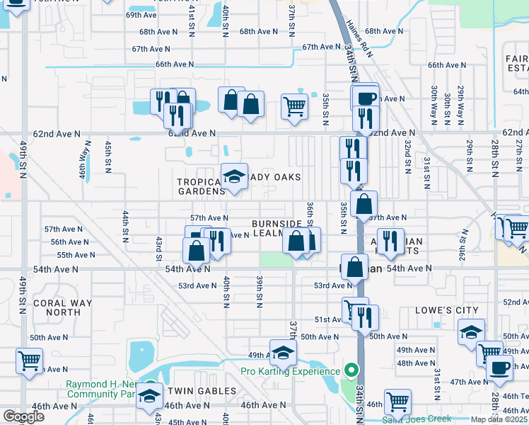 map of restaurants, bars, coffee shops, grocery stores, and more near 3906 57th Avenue North in St. Petersburg