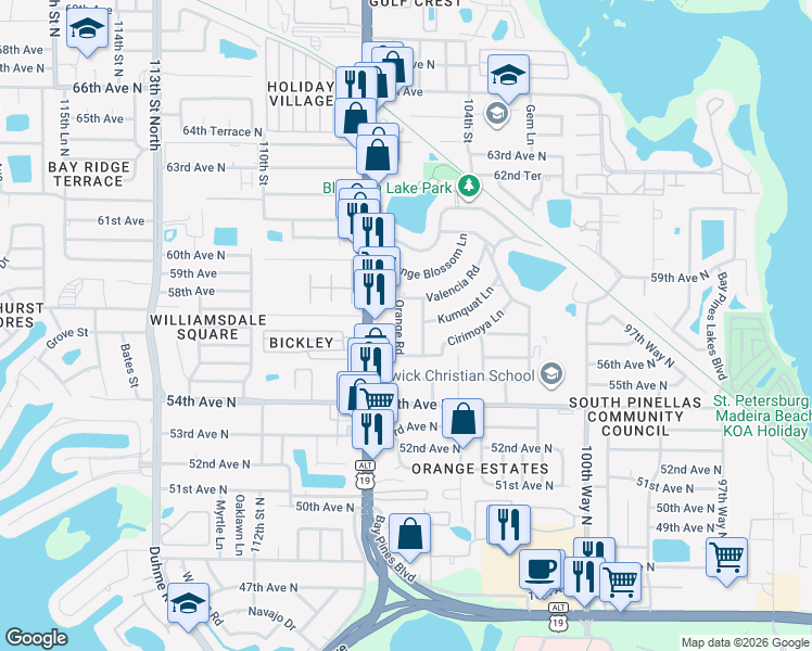 map of restaurants, bars, coffee shops, grocery stores, and more near 5624 Lime Way in Seminole