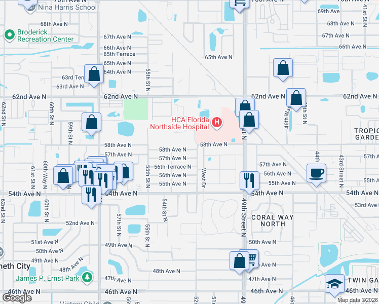 map of restaurants, bars, coffee shops, grocery stores, and more near 5210 57th Avenue North in St. Petersburg