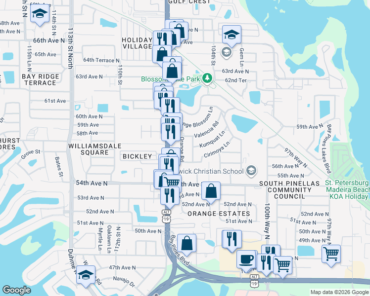 map of restaurants, bars, coffee shops, grocery stores, and more near 5624 Lime Way in Seminole