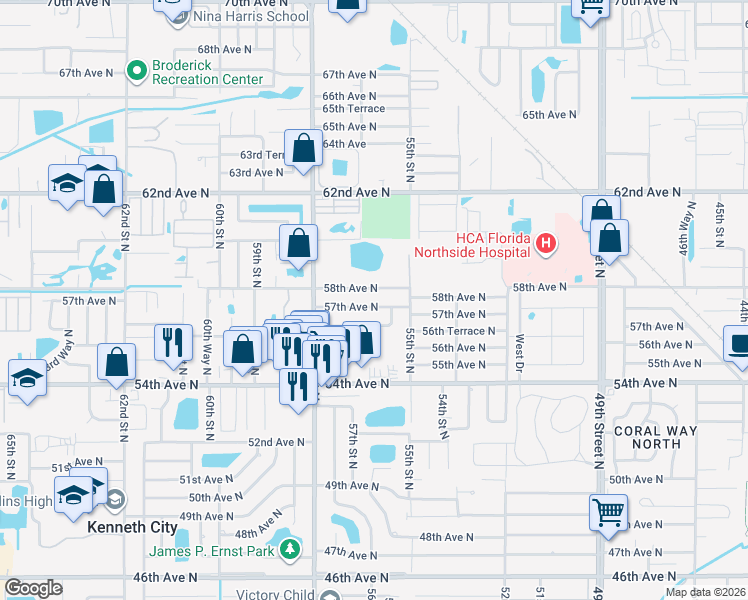 map of restaurants, bars, coffee shops, grocery stores, and more near 5625 56th Terrace North in St. Petersburg