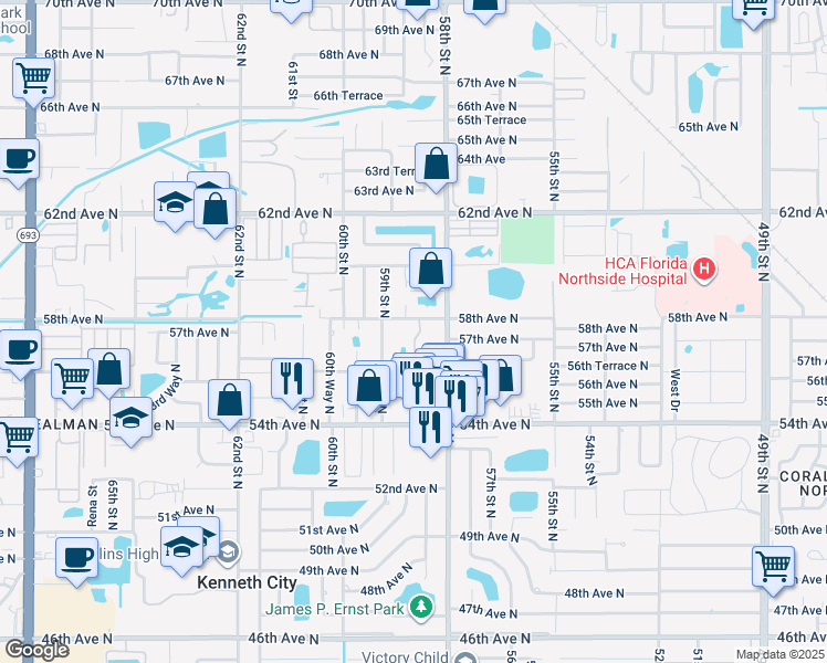 map of restaurants, bars, coffee shops, grocery stores, and more near 5618 58th Street North in St. Petersburg