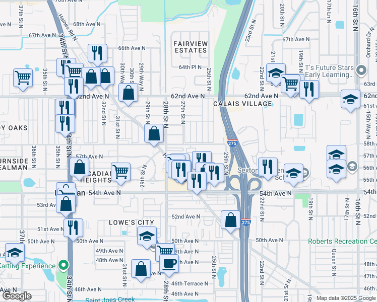 map of restaurants, bars, coffee shops, grocery stores, and more near 2600 58th Avenue North in St. Petersburg