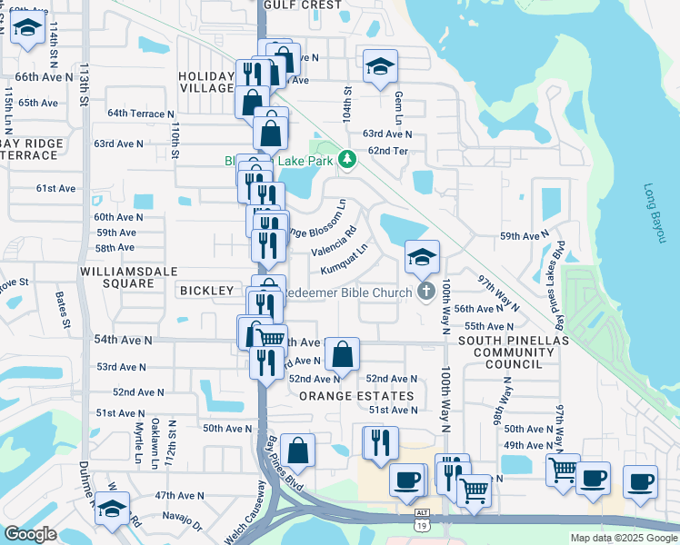 map of restaurants, bars, coffee shops, grocery stores, and more near 10438 Kumquat Lane in Seminole