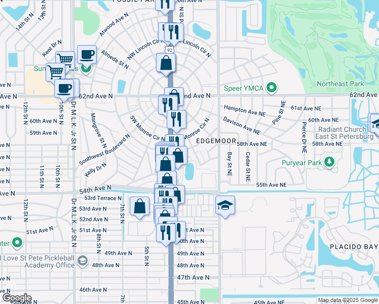 map of restaurants, bars, coffee shops, grocery stores, and more near 133 Southeast Lincoln Circle North in Saint Petersburg
