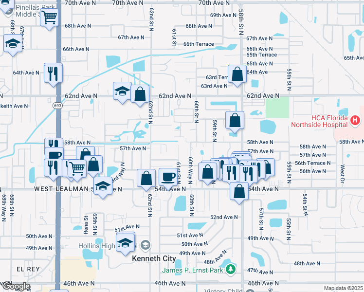 map of restaurants, bars, coffee shops, grocery stores, and more near 6059 58th Avenue North in St. Petersburg