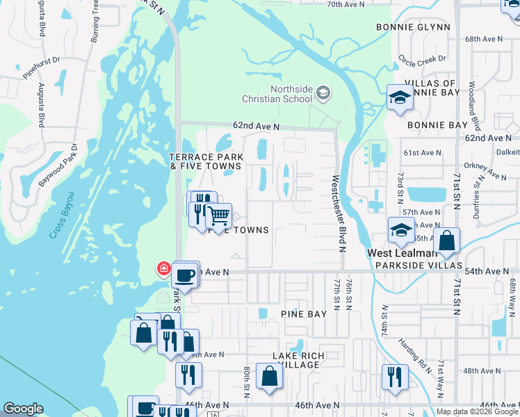 map of restaurants, bars, coffee shops, grocery stores, and more near 5725 80th Street North in St. Petersburg