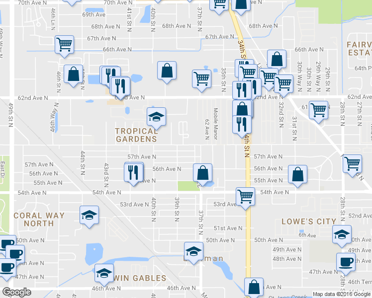 map of restaurants, bars, coffee shops, grocery stores, and more near 3713 58th Avenue North in St. Petersburg