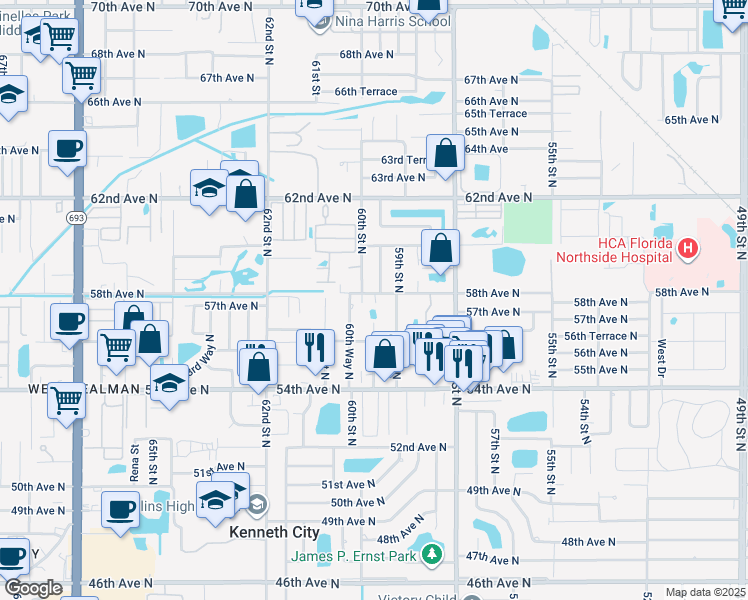 map of restaurants, bars, coffee shops, grocery stores, and more near 5815 60th Street North in St. Petersburg