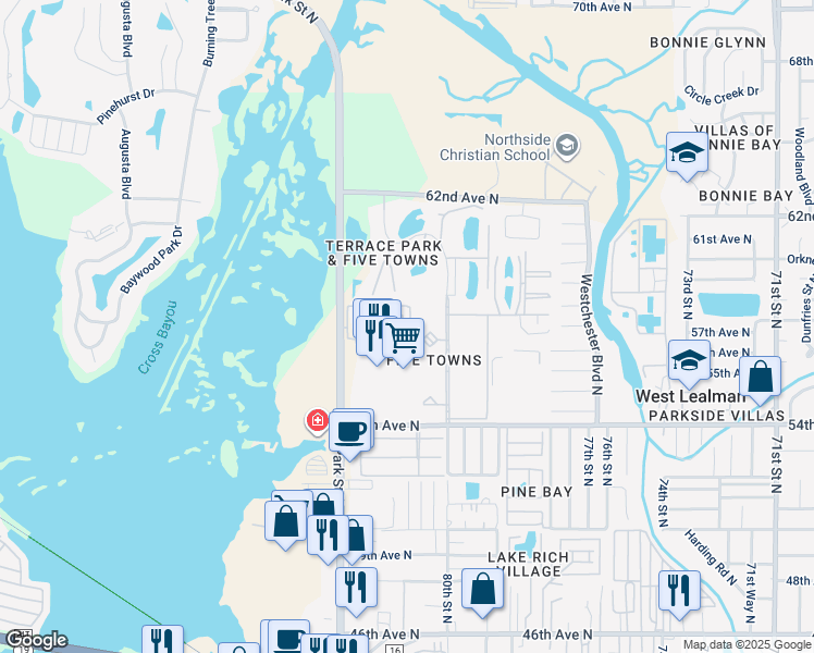 map of restaurants, bars, coffee shops, grocery stores, and more near 5817 Park Street North in St. Petersburg