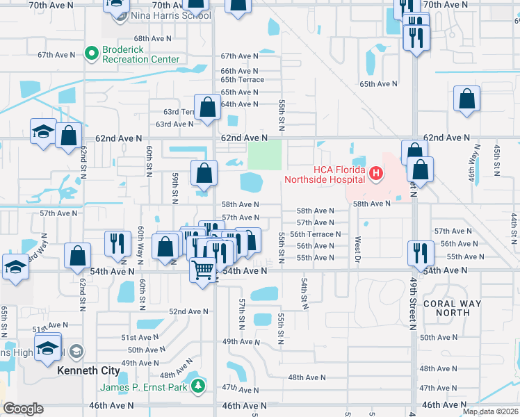 map of restaurants, bars, coffee shops, grocery stores, and more near 5580 58th Avenue North in St. Petersburg