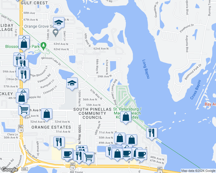 map of restaurants, bars, coffee shops, grocery stores, and more near 5791 Bay Lake Drive South in Saint Petersburg