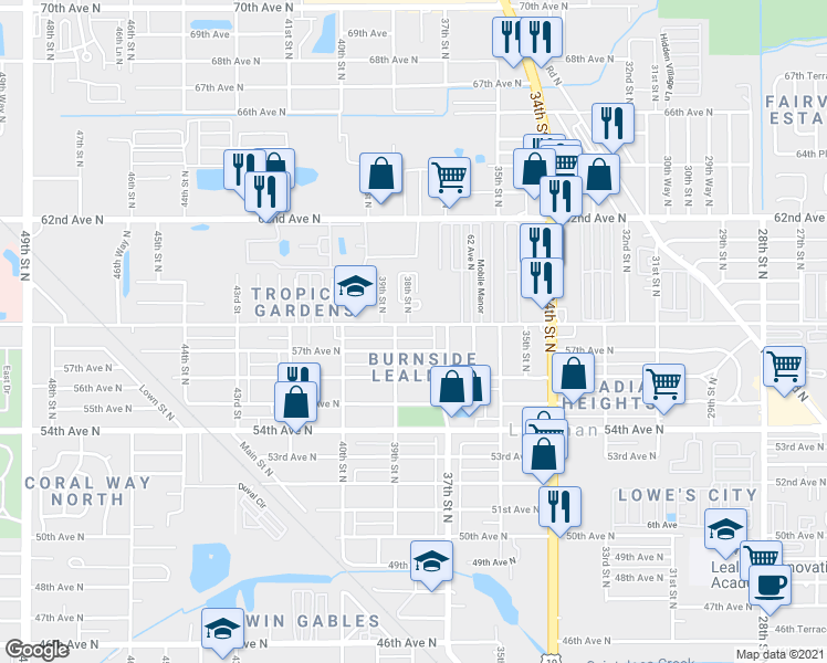 map of restaurants, bars, coffee shops, grocery stores, and more near 3734 58th Avenue North in Saint Petersburg