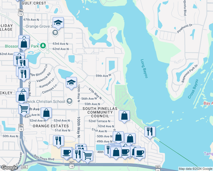 map of restaurants, bars, coffee shops, grocery stores, and more near 5791 Bay Lake Drive South in Saint Petersburg