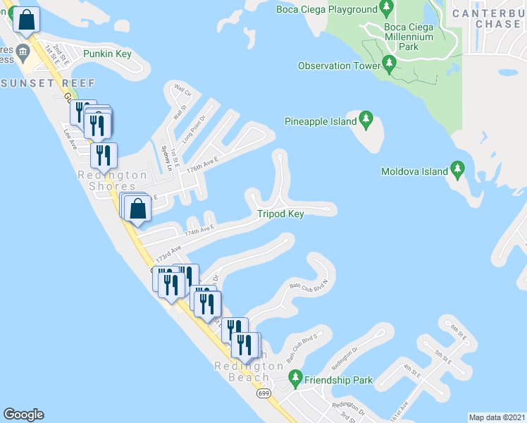 map of restaurants, bars, coffee shops, grocery stores, and more near 430 173rd Avenue East in North Redington Beach