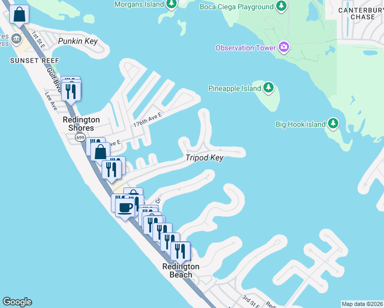 map of restaurants, bars, coffee shops, grocery stores, and more near 17316 Kennedy Drive in North Redington Beach