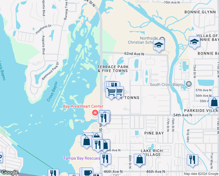 map of restaurants, bars, coffee shops, grocery stores, and more near 5849 Park Street North in St. Petersburg