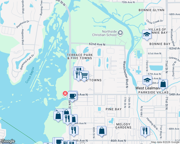 map of restaurants, bars, coffee shops, grocery stores, and more near 5750 80th Street North in St. Petersburg