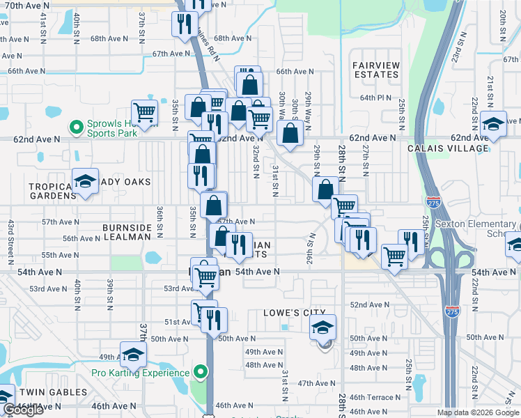 map of restaurants, bars, coffee shops, grocery stores, and more near 3227 58th Avenue North in St. Petersburg