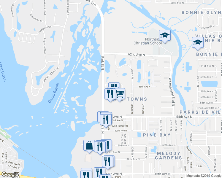 map of restaurants, bars, coffee shops, grocery stores, and more near 5849 Park Street North in St. Petersburg