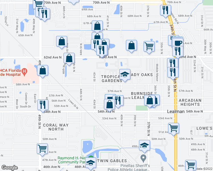 map of restaurants, bars, coffee shops, grocery stores, and more near 4100 58th Avenue North in St. Petersburg