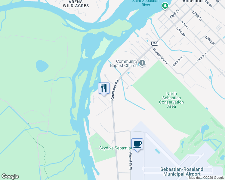 map of restaurants, bars, coffee shops, grocery stores, and more near 12405 Roseland Road in Sebastian