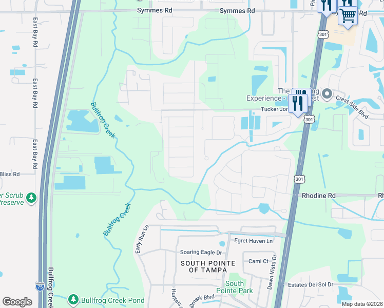 map of restaurants, bars, coffee shops, grocery stores, and more near 11904 MIracle Mile Drive in Riverview