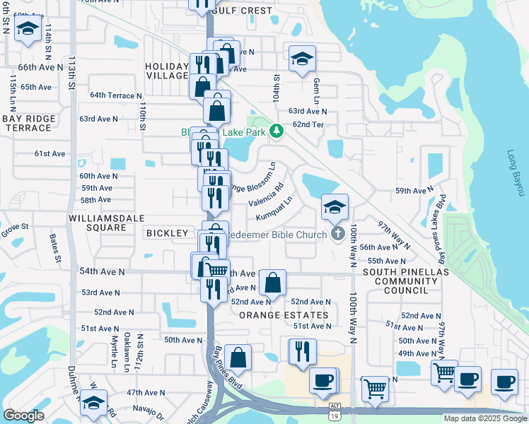 map of restaurants, bars, coffee shops, grocery stores, and more near 10459 Kumquat Lane in Seminole