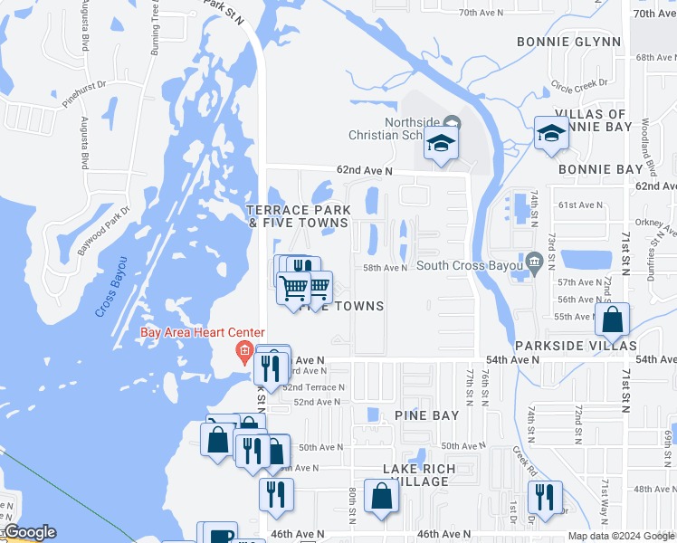 map of restaurants, bars, coffee shops, grocery stores, and more near 5750 80th Street North in St. Petersburg