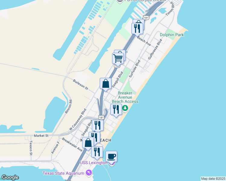 map of restaurants, bars, coffee shops, grocery stores, and more near 3710 Seagull Boulevard in Corpus Christi