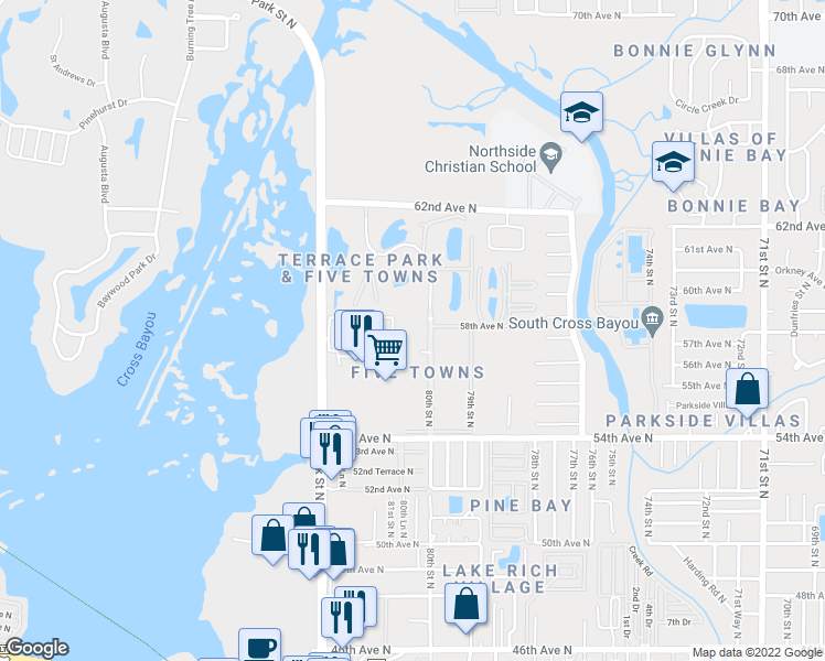 map of restaurants, bars, coffee shops, grocery stores, and more near 5750 80th Street North in St. Petersburg
