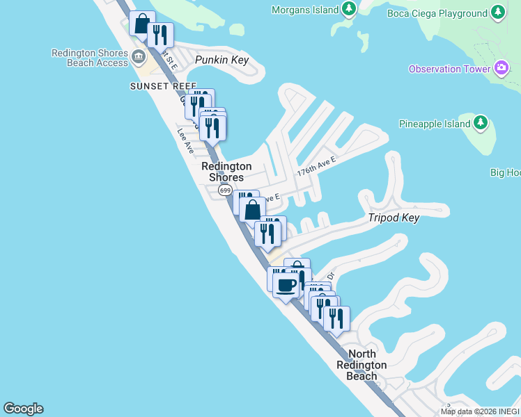 map of restaurants, bars, coffee shops, grocery stores, and more near 146 175th Terrace Drive East in Redington Shores