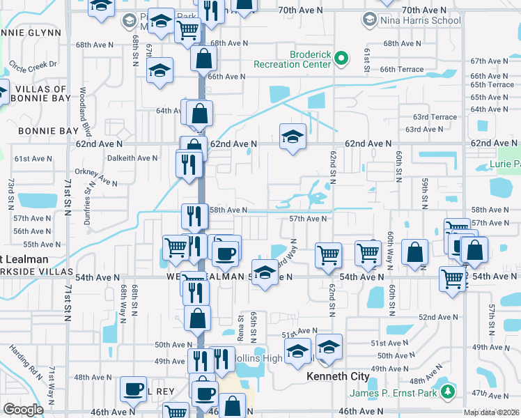 map of restaurants, bars, coffee shops, grocery stores, and more near 6425 58th Avenue North in St. Petersburg