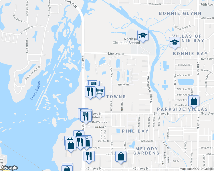 map of restaurants, bars, coffee shops, grocery stores, and more near 5750 80th Street North in St. Petersburg
