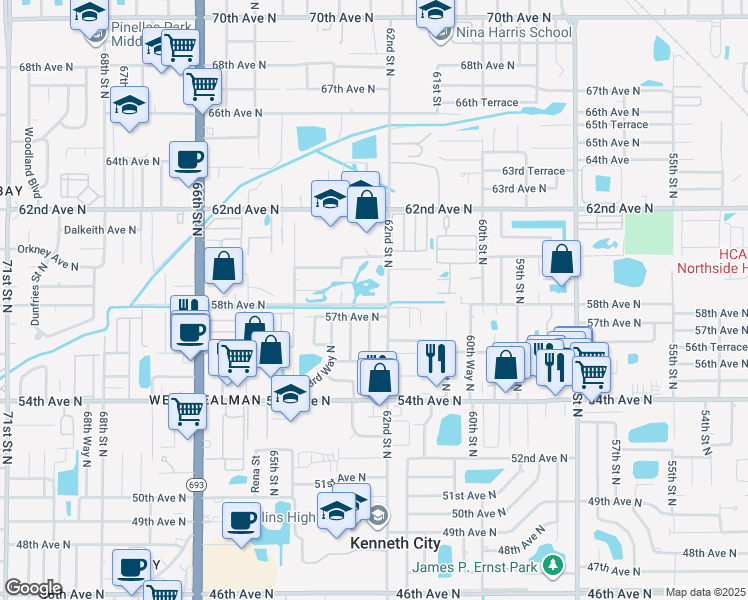 map of restaurants, bars, coffee shops, grocery stores, and more near 5817 62nd Street North in St. Petersburg